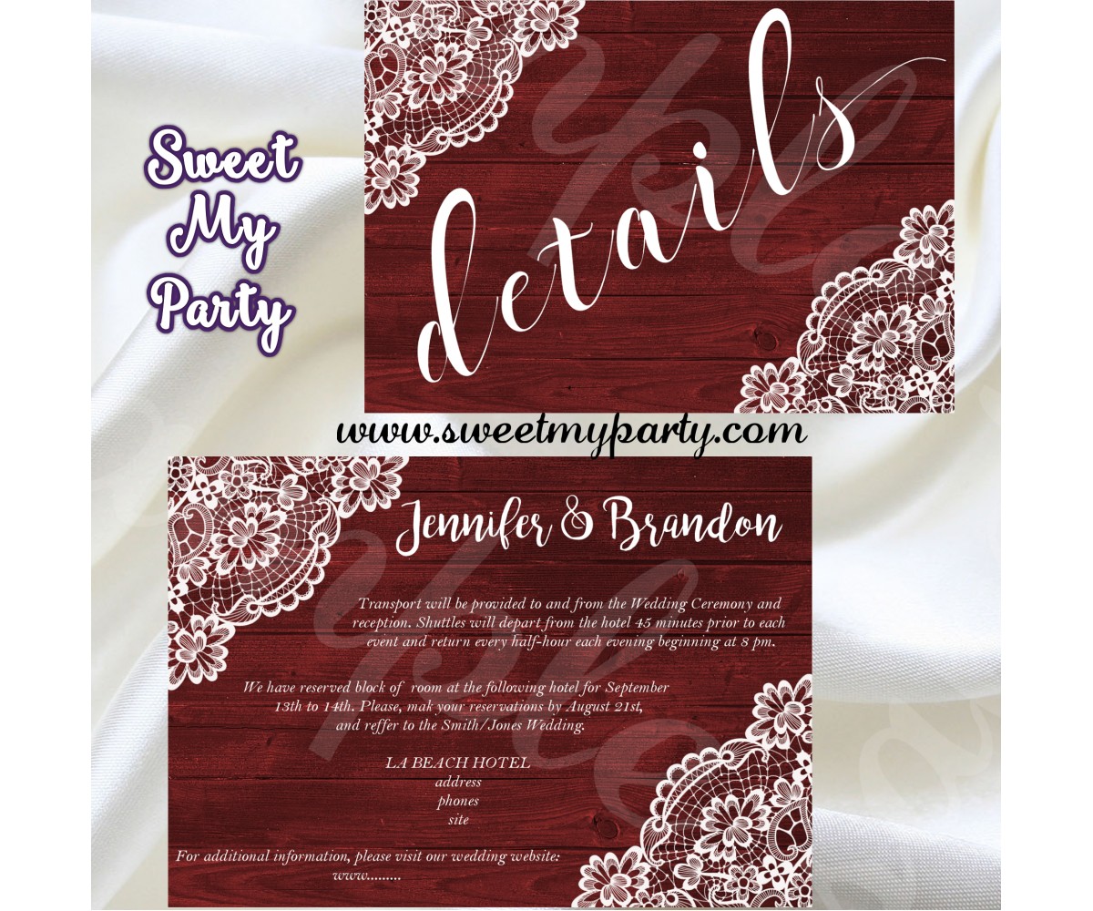 Rustic Wedding Details card,Vintage Lace Details insert cart,(017w)